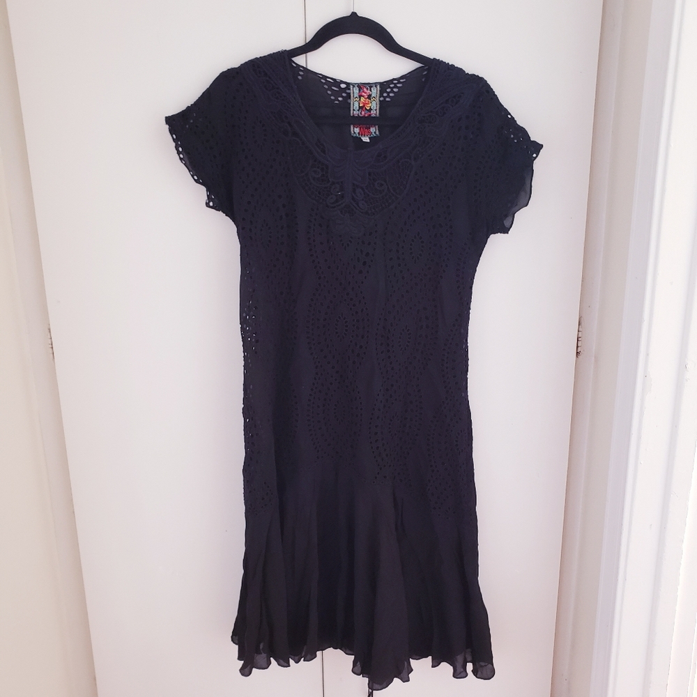 Johnny was black midi dress with cut out lace